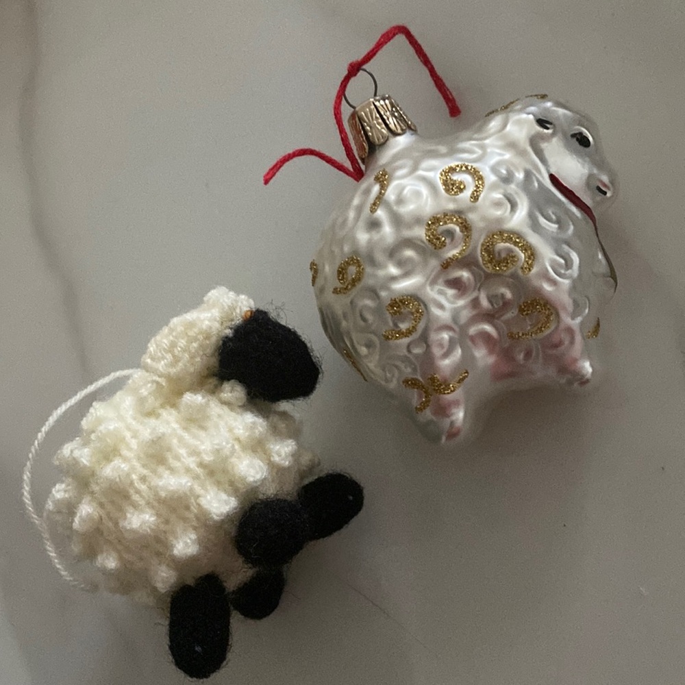 Crochet and glass sheep vintage ornaments